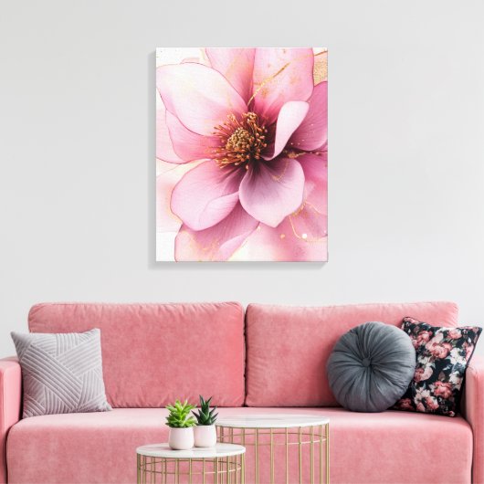 Roze bloem met gouden touch elegant canvas afdruk (Insitu (Woonkamer))