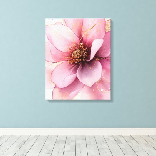 Roze bloem met gouden touch elegant canvas afdruk (Insitu (Houten vloer))