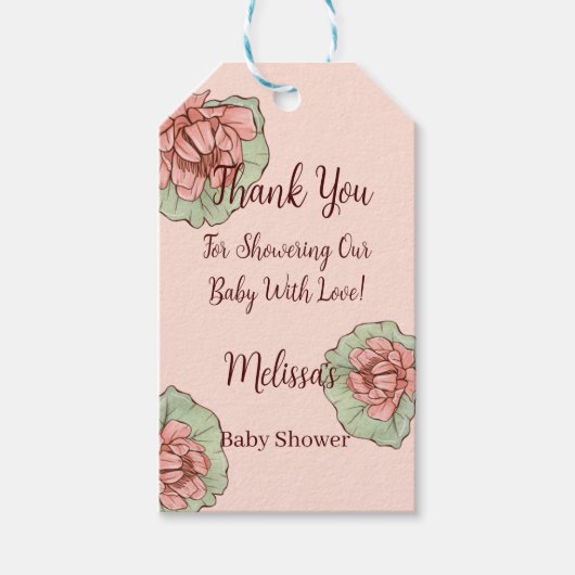 Roze Bloem met groen Bladeren Baby shower Cadeaulabel (Voorkant)