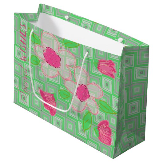 Roze bloem met groen en grijs groot cadeauzakje (Voorkant Gekanteld)
