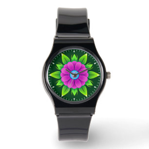 Roze bloem met groene bladeren-23857 horloge