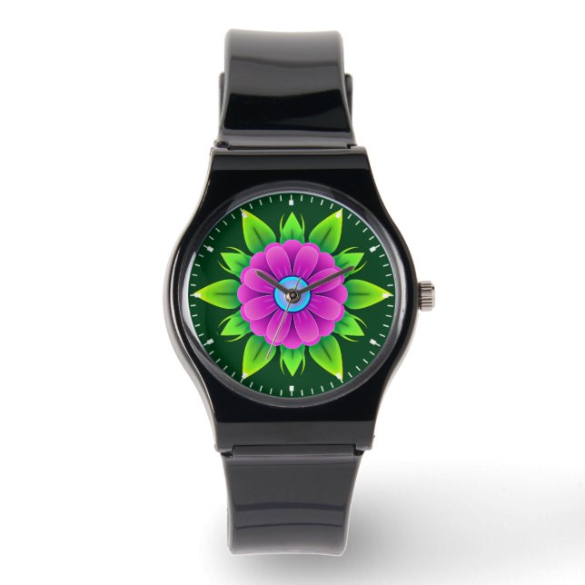 Roze bloem met groene bladeren-23857 horloge (Voorkant)