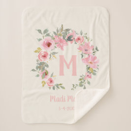 Roze bloem met saliegroene bladeren monogram voor  sherpa deken