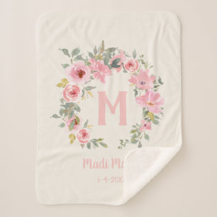 Roze bloem met saliegroene bladeren monogram voor sherpa deken