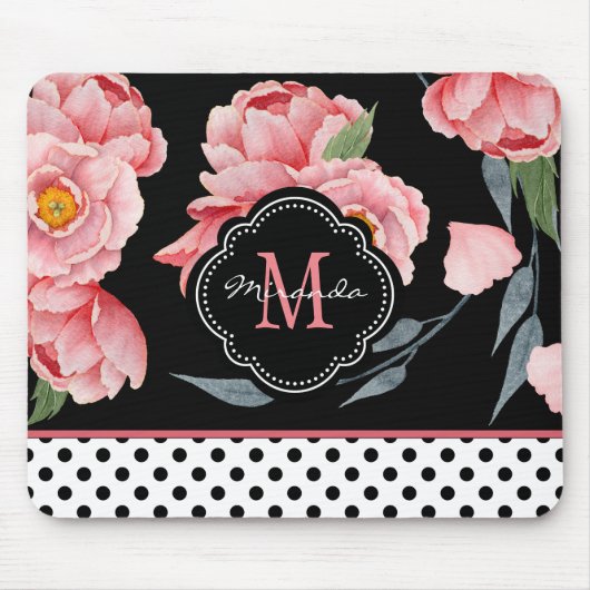 Roze bloem met stippen en monogram muismat (Voorkant)