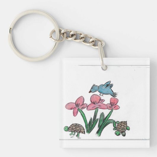 Roze bloem met vogel sleutelhanger (voorkant)