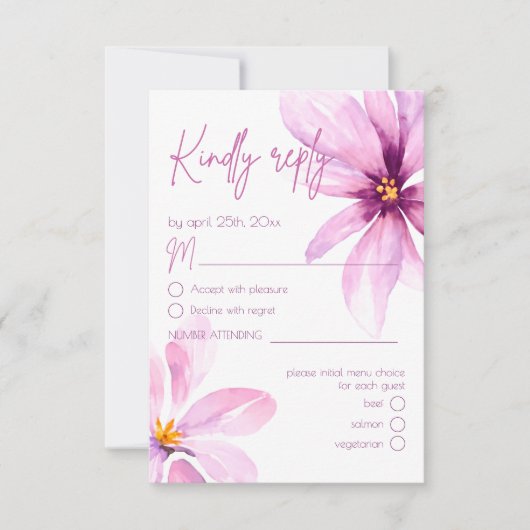 Roze Bloem Minimalistisch Menu Keuze Bruiloft RSVP (Voorkant)