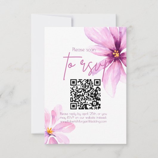 Roze Bloem Minimalistische QR CODE Bruiloft RSVP Kaartje (Voorkant)