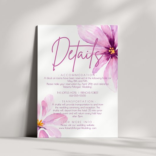 Roze Bloem Minimalistische Waterverf Bruiloft Deta Informatiekaartje