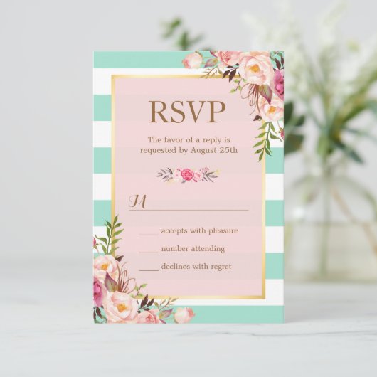 Roze bloem mintgroene witte strepen RSVP (Staand voorkant)