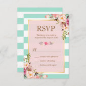 Roze bloem mintgroene witte strepen RSVP (Voorkant / Achterkant)