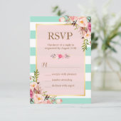 Roze bloem mintgroene witte strepen RSVP Kaartje (Staand voorkant)