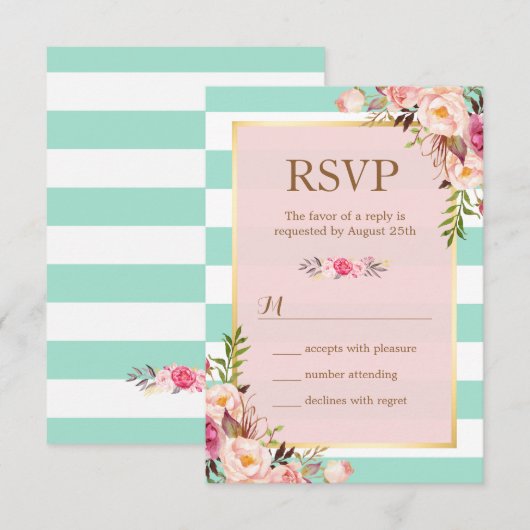 Roze bloem mintgroene witte strepen RSVP Kaartje (Voorkant / Achterkant)