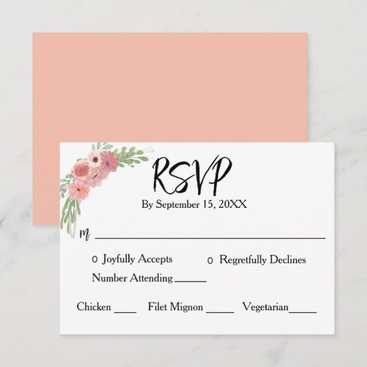 Roze Bloem Moderne Script Bruiloft  RSVP Kaartje (Voorkant / Achterkant)