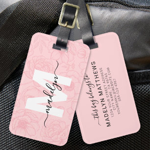 Roze Bloem Monogram Bagagelabel