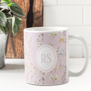 Roze Bloem Monogram Koffiemok