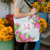 Roze Bloem Monogram Naam Gepersonaliseerd Tote Bag