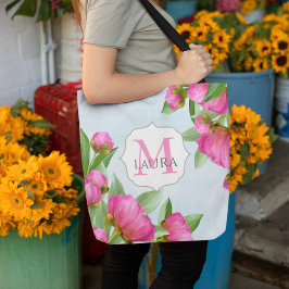Roze Bloem Monogram Naam Gepersonaliseerd Tote Bag