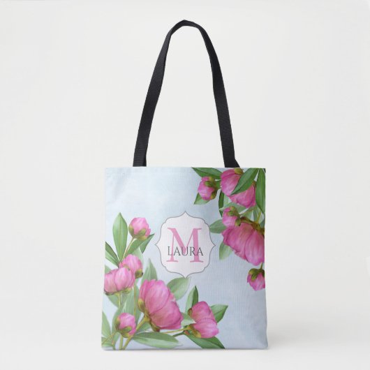 Roze Bloem Monogram Naam Gepersonaliseerd Tote Bag (Voorkant)