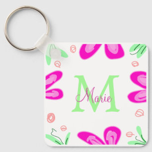 Roze bloem monogram naam letter groene blad sleutelhanger