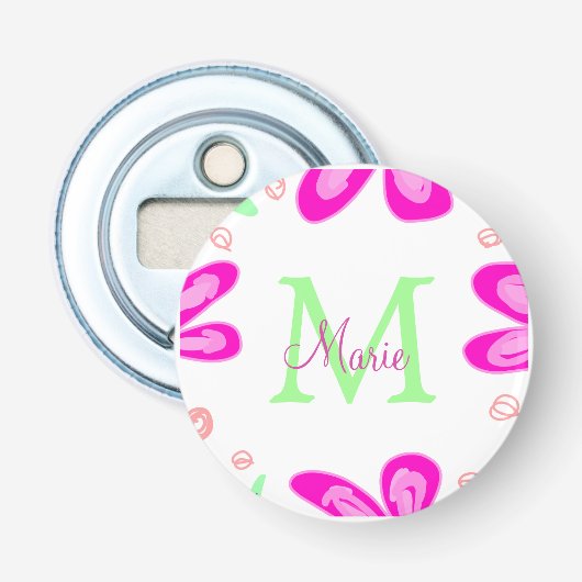 Roze bloem monogram naam toevoegen letter groen bl button flesopener (Voorkant)
