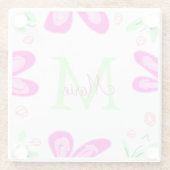 Roze bloem monogram naam toevoegen letter groen bl glazen onderzetter (Achterkant)