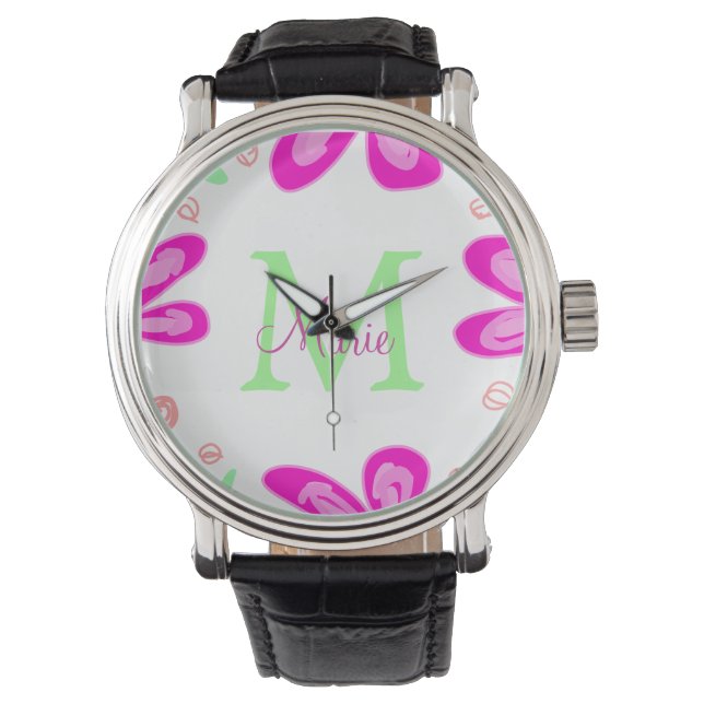 Roze bloem monogram naam toevoegen letter groen bl horloge (Voorkant)