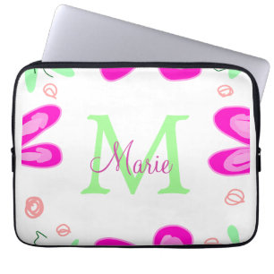 Roze bloem monogram naam toevoegen letter groen bl laptop sleeve