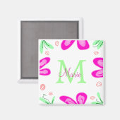 Roze bloem monogram naam toevoegen letter groen bl magneet (Voorkant / Achterkant)