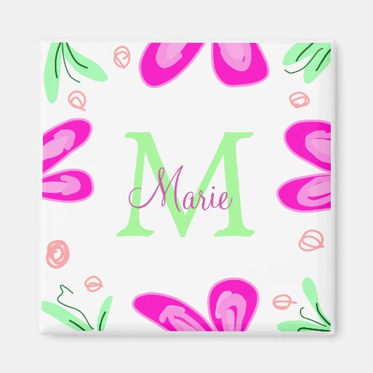 Roze bloem monogram naam toevoegen letter groen bl magneet (Voorkant)