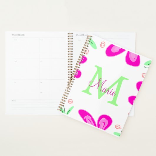 Roze bloem monogram naam toevoegen letter groen bl planner (Display)