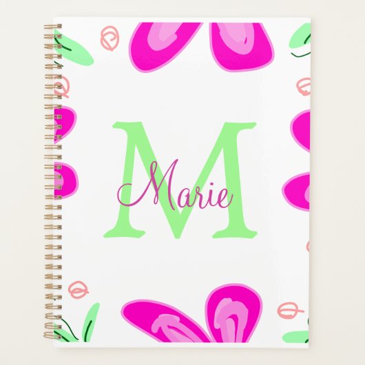 Roze bloem monogram naam toevoegen letter groen bl planner (Voorkant)