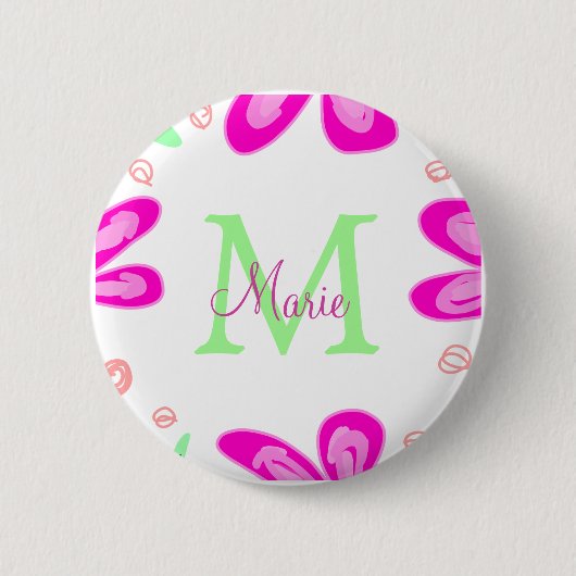 Roze bloem monogram naam toevoegen letter groen bl ronde button 5,7 cm (Voorkant)