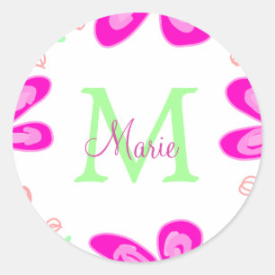 Roze bloem monogram naam toevoegen letter groen bl ronde sticker