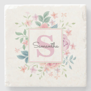 Roze Bloem Monogram Stenen Onderzetter