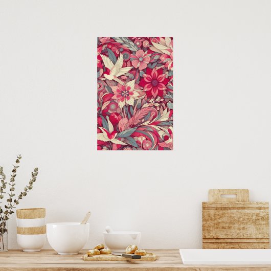 Roze Bloem Morris kunst Poster (Keuken)
