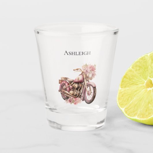 Roze bloem motorfiets shot glas (Voorkant)