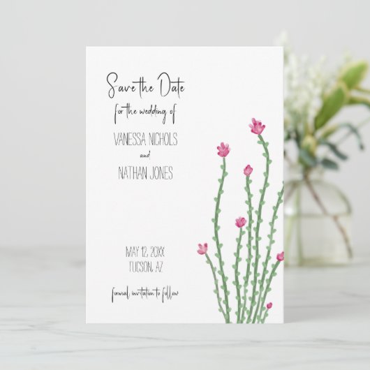 Roze Bloem Ocotillo Cactus Save The Date Kaart (Staand voorkant)