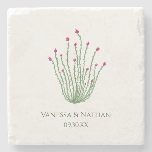Roze Bloem Ocotillo Cactus Trouwgunst Stenen Onderzetter (Voorkant)