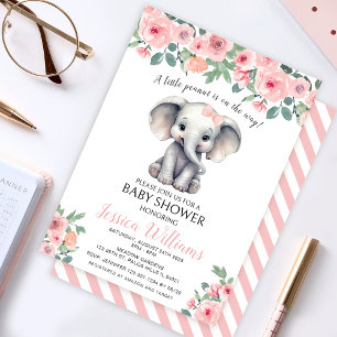 Roze bloem olifant baby girl shower uitnodiging