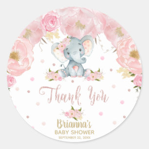 Roze Bloem Olifant Baby Shower Dank Je Ronde Sticker