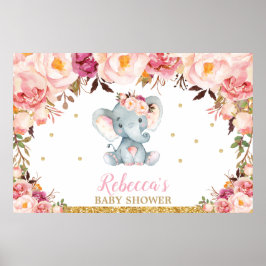 Roze Bloem Olifant Baby Shower Feest Achtergrond Poster