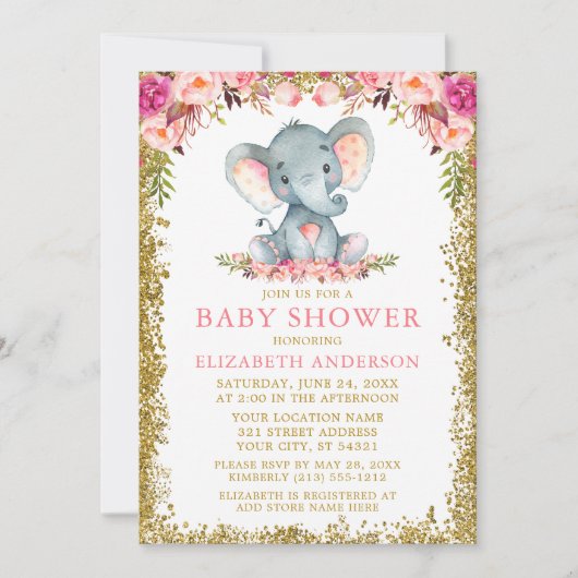 Roze Bloem Olifant Baby Shower Gouden Glitters Kaart (Voorkant)