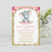 Roze Bloem Olifant Baby Shower Gouden Glitters Kaart (Staand voorkant)