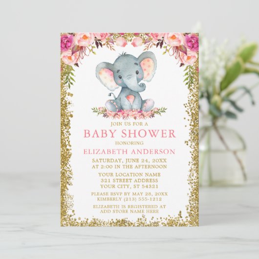 Roze Bloem Olifant Baby Shower Gouden Glitters Kaart (Staand voorkant)