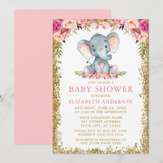 Roze Bloem Olifant Baby Shower Gouden Glitters Kaart (Voorkant / Achterkant)