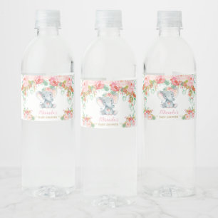 Roze Bloem Olifant Baby Shower Meisje Waterfles Etiket