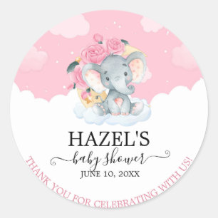 Roze Bloem Olifant Meisje Baby Shower Dank Je Ronde Sticker