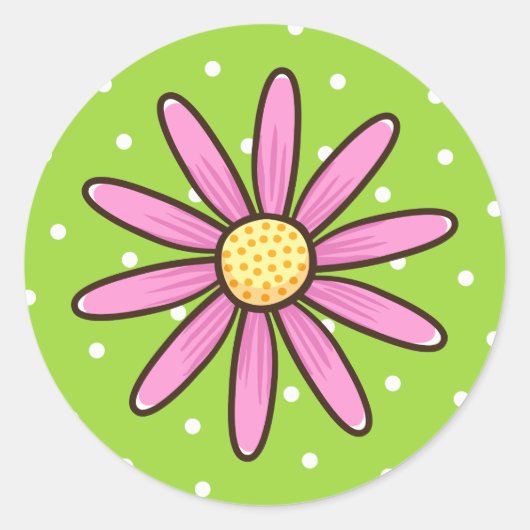 Roze  bloem op de achtergrond van groene polka sti ronde sticker (Voorkant)