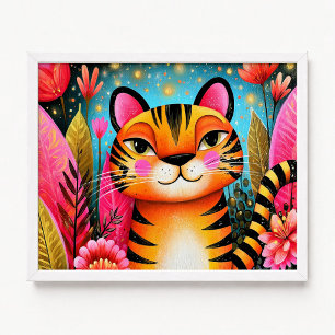 Roze Bloem Oranje Tijger Schilderij Poster